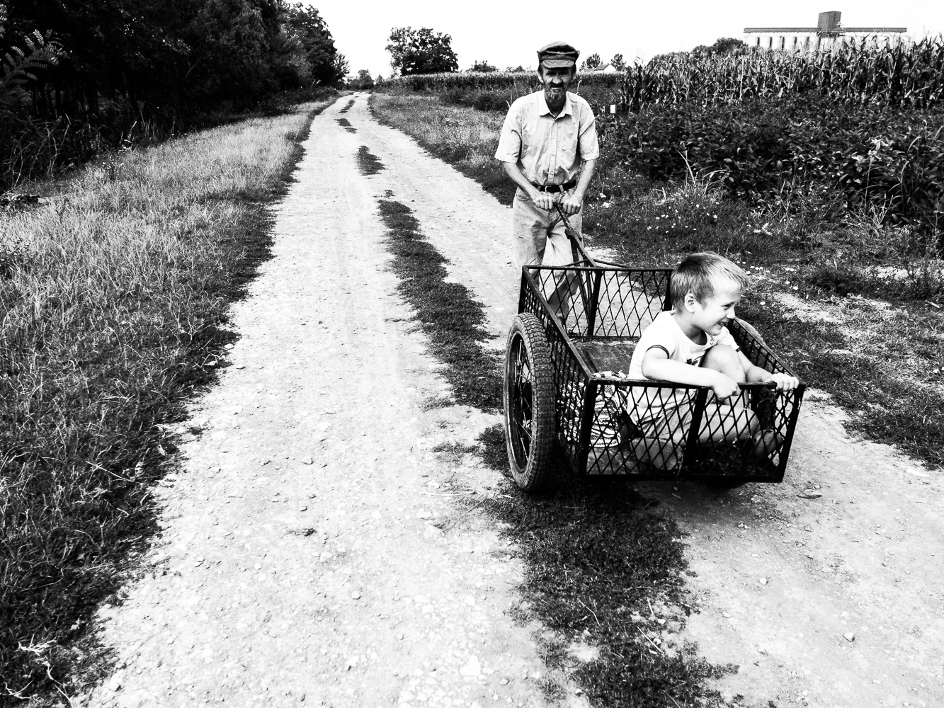 Black and white photo. Fields in Serbia. A grandfather pushes his grandson in a hand-made metal cart on two wheels. The boy is shining with happiness